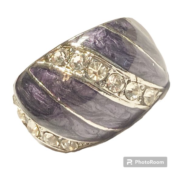 Vintage Purple Enamel Cocktail Ring Silver Plated Crystal Rhinestone Size 7 Boho - Picture 1 of 11